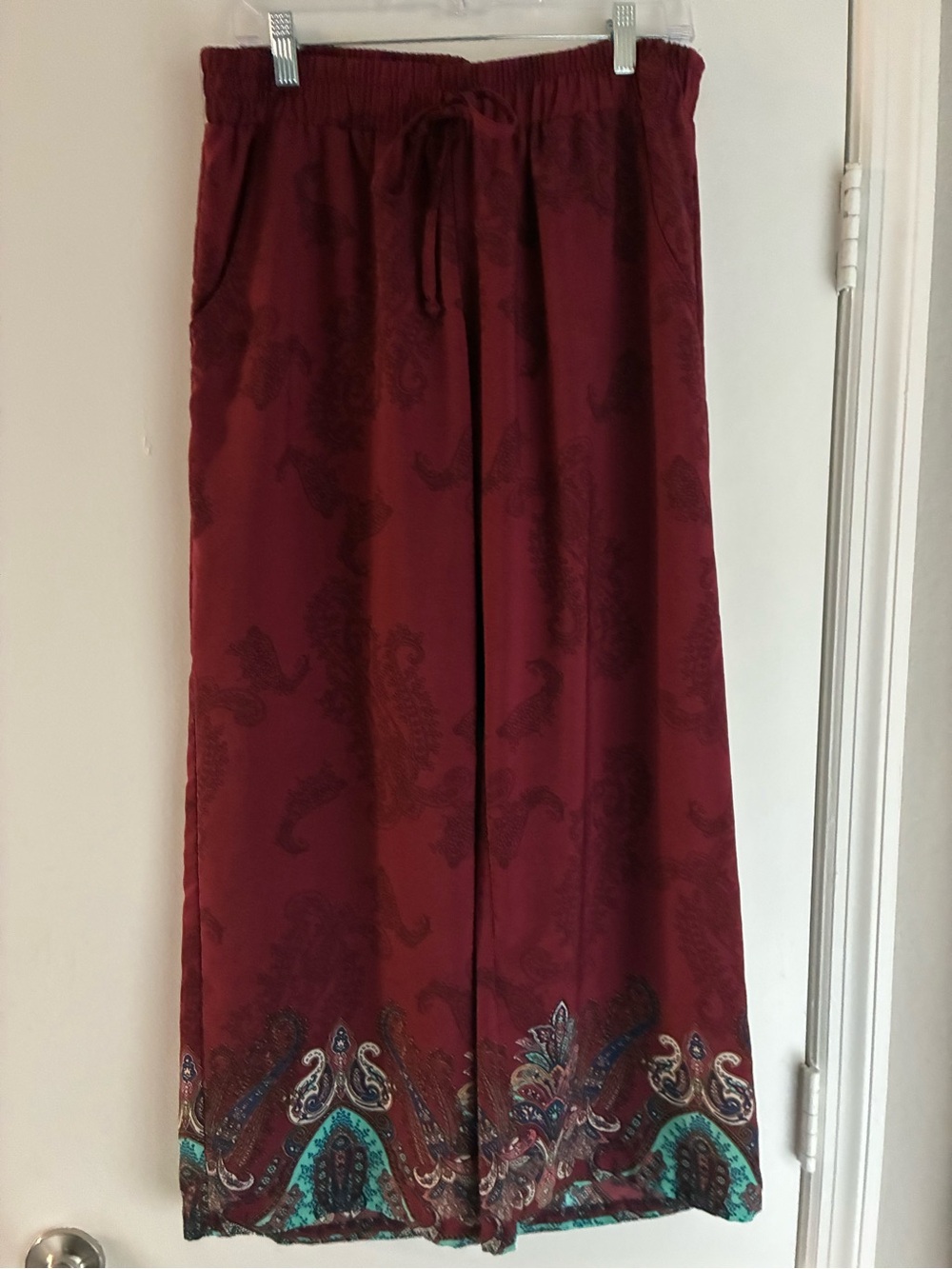 Boho Wide-Leg Pants in Burgundy with Teal Border